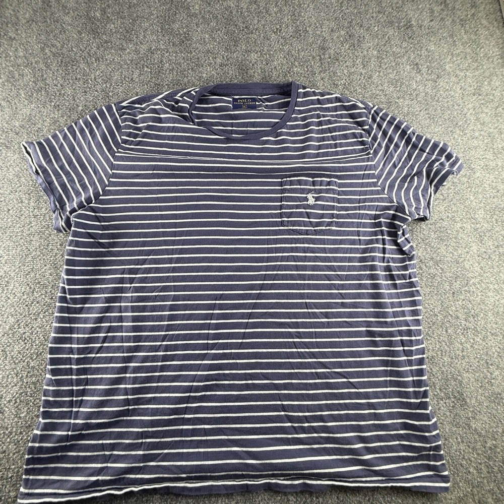 Polo Ralph Lauren Mens XL Navy Blue White Striped Pocket T-Shirt Short Sleeve